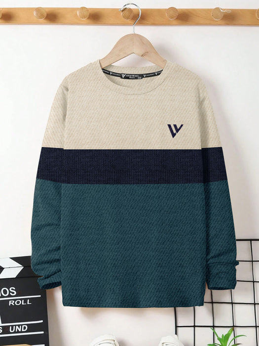 LV Crew Neck Long Sleeve Thermal Tee Shirt For Kids-Off White with Navy & Zinc-BR13219