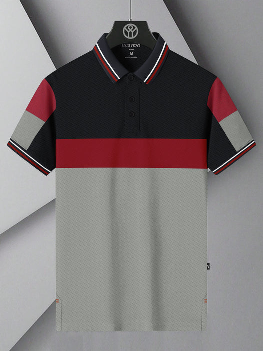 LV Summer Active Wear Polo Shirt For Men-Black with Grey & Red Panels-BR13587