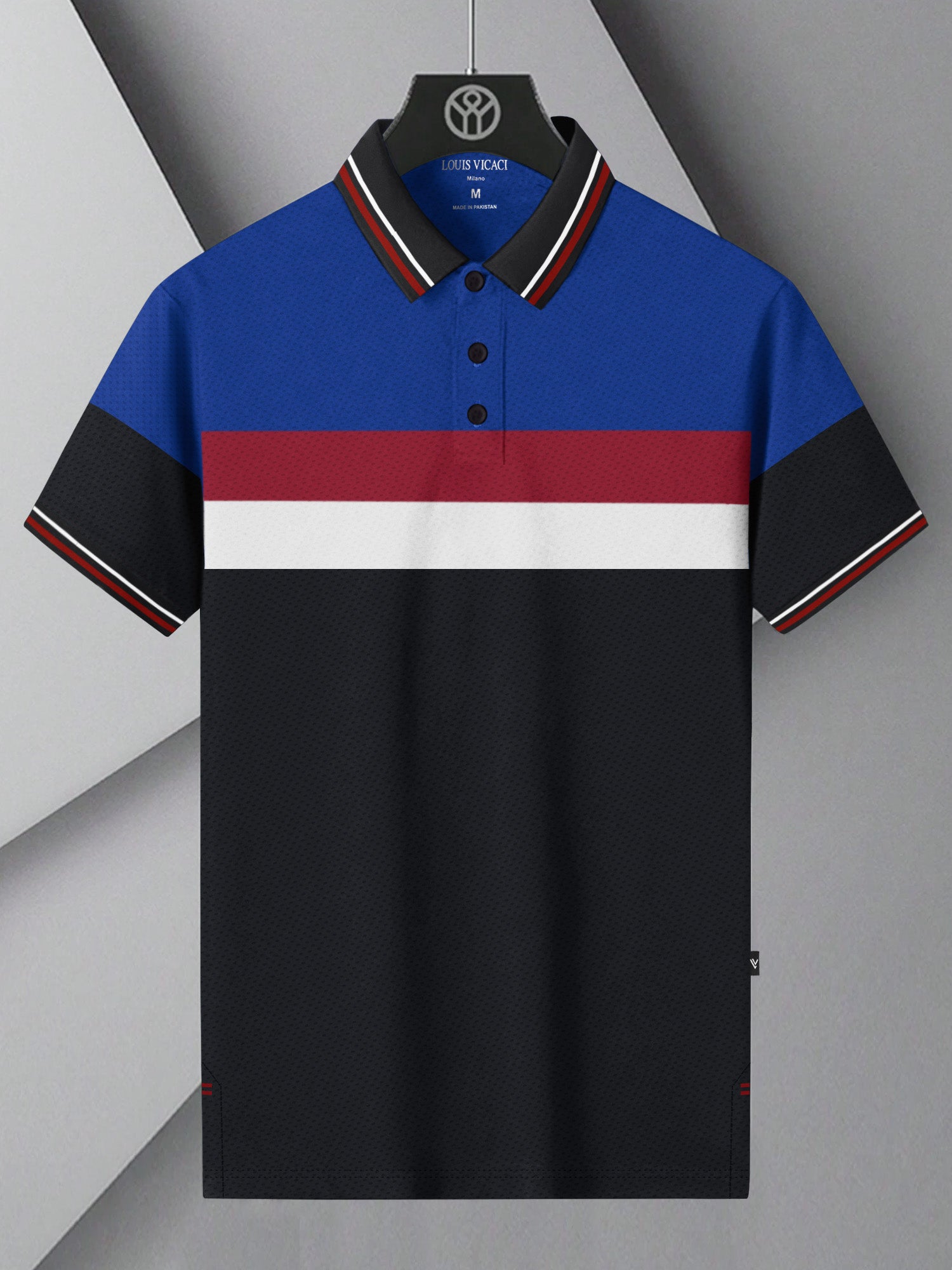 LV Summer Dry Fit Polo Shirt For Men-Black with Red & Blue Panels-BR13586