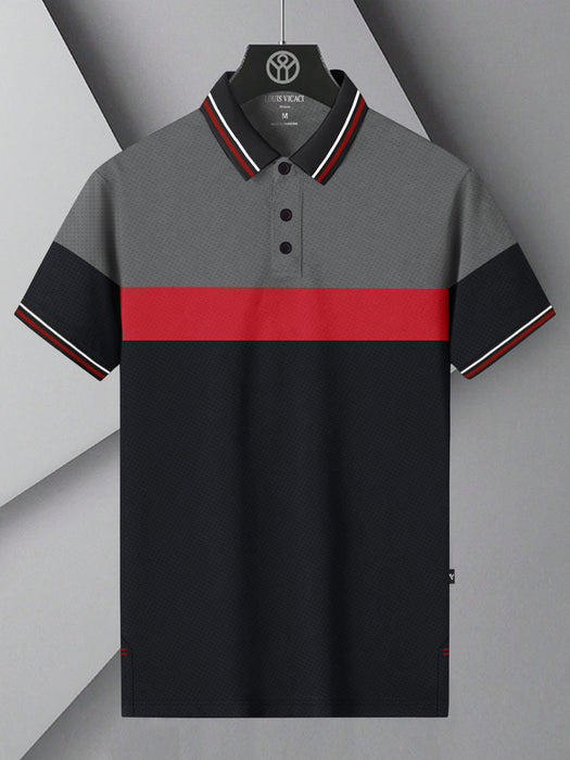 LV Summer Active Wear Polo Shirt For Men-Black with Red & Grey Panels-BR13585