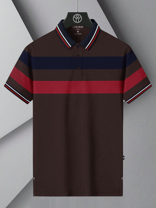 LV Summer Active Wear Polo Shirt For Men-Dark Brown with Stripe-BR13878