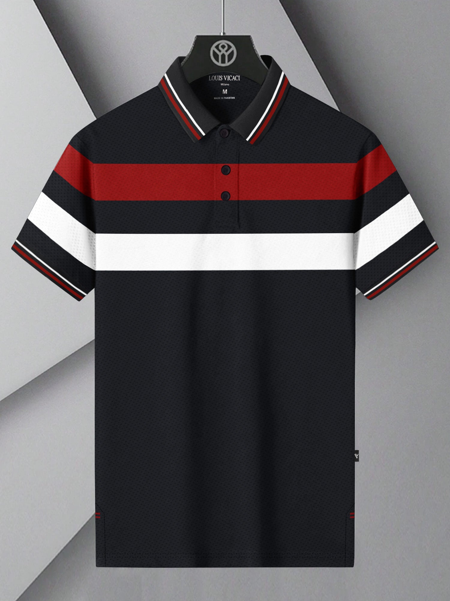 LV Summer Dry Fit Polo Shirt For Men-Dark Navy with Red & White Stripe-BR13555