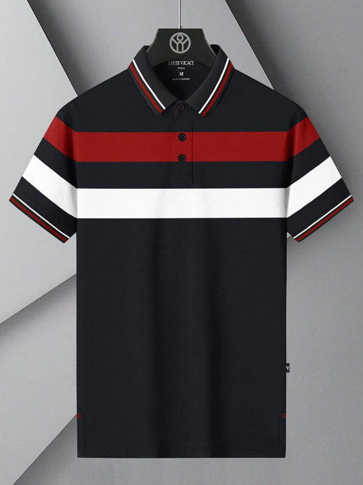 LV Summer Active Wear Polo Shirt For Men-Dark Navy with Red & White Stripe-BR13555