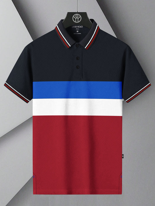 LV Summer Active Wear Polo Shirt For Men-Dark Navy with Red & White, Blue Panels-BR13556