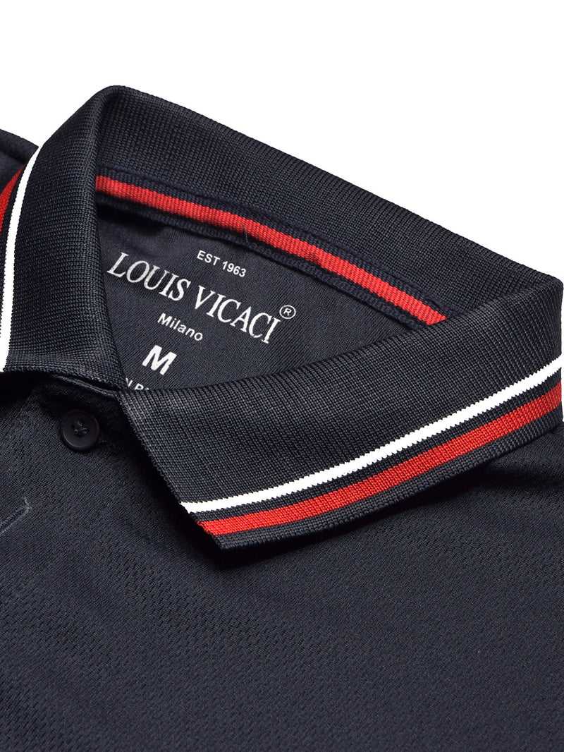 Summer Active Wear Polo Shirt For Men-Dark Navy with Red & White, Blue Panels-BR13556