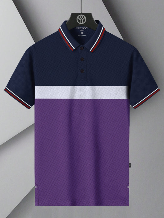 LV Summer Active Wear Polo Shirt For Men-Dark Purple with Navy & White Stripe-BR13911