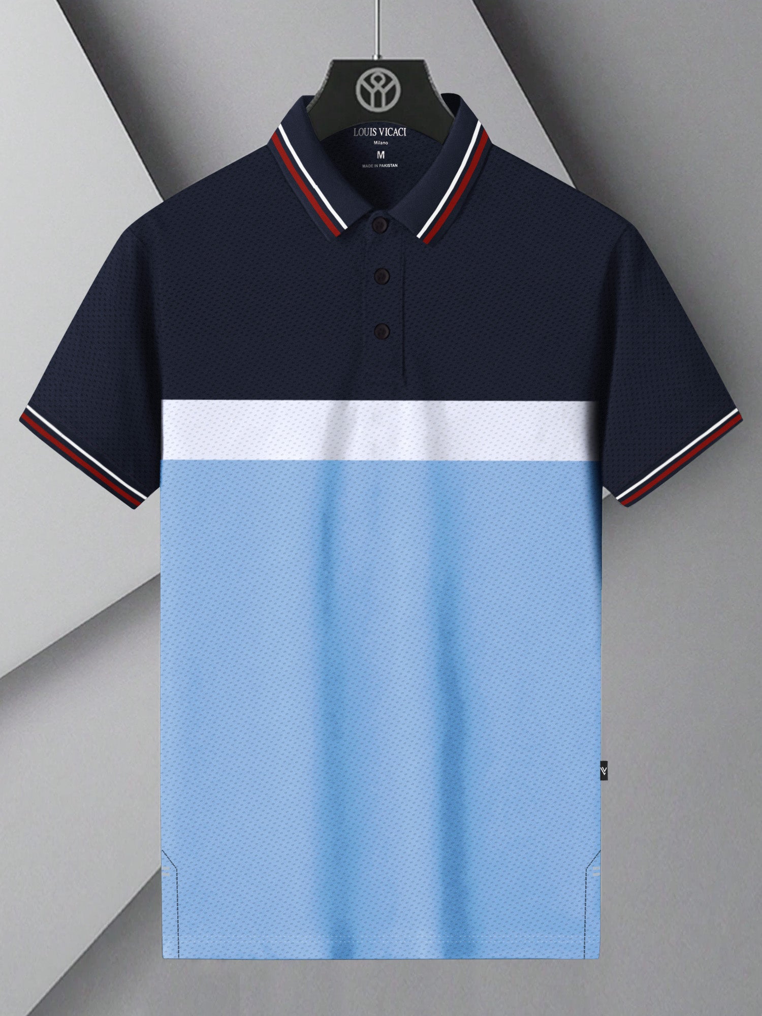 LV Summer Dry Fit Polo Shirt For Men-Navy with Sky & White Stripe-BR13912
