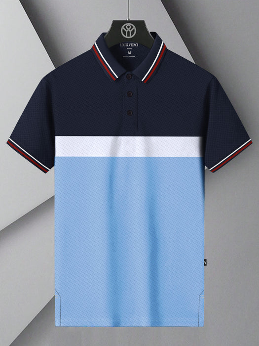 LV Summer Active Wear Polo Shirt For Men-Navy with Sky & White Stripe-BR13912