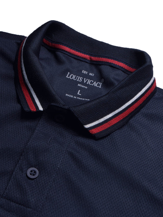 LV Summer Active Wear Polo Shirt For Men-Navy with Sky & White Stripe-BR13912