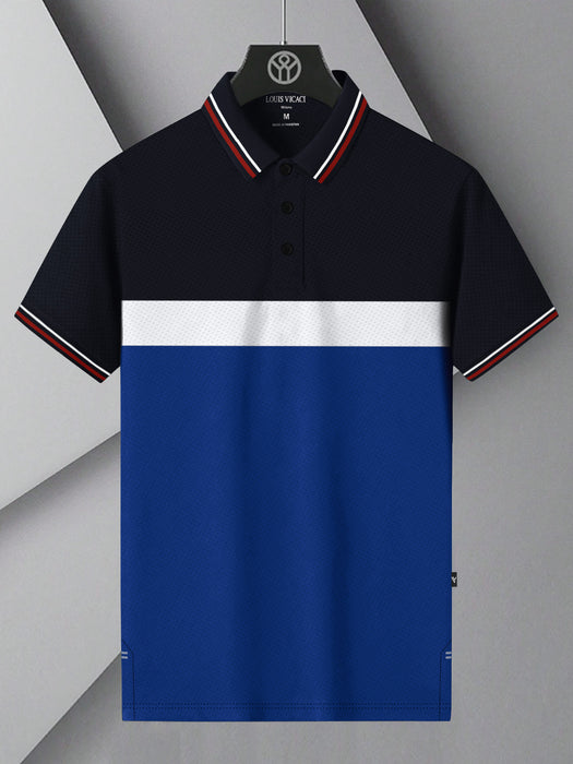 LV Summer Active Wear Polo Shirt For Men-Navy with White & Blue Panels-BR13923