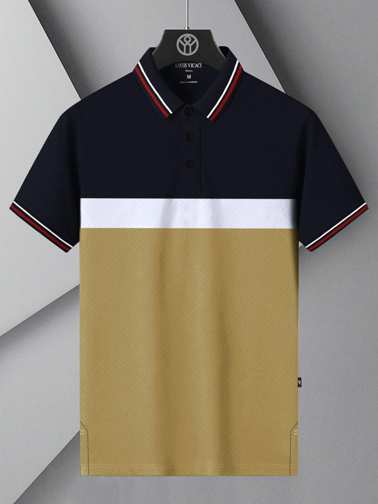 LV Summer Dry Fit Polo Shirt For Men-Navy with White & Camel Panels-BR13918