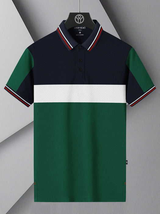 LV Summer Active Wear Polo Shirt For Men-Navy with White & Green Panel-BR13634