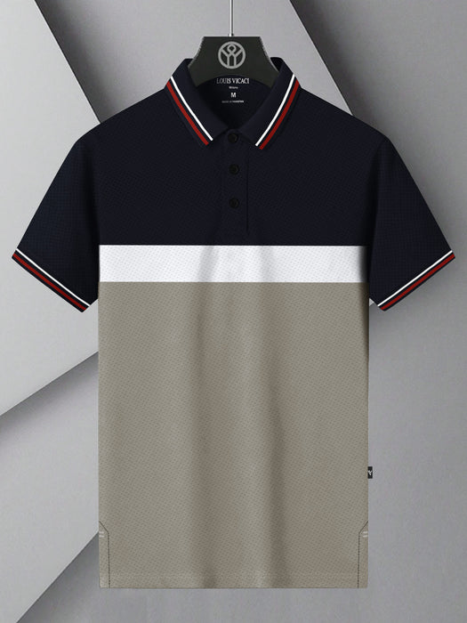 LV Summer Active Wear Polo Shirt For Men-Navy with White & Light Taupe Panels-BR13919