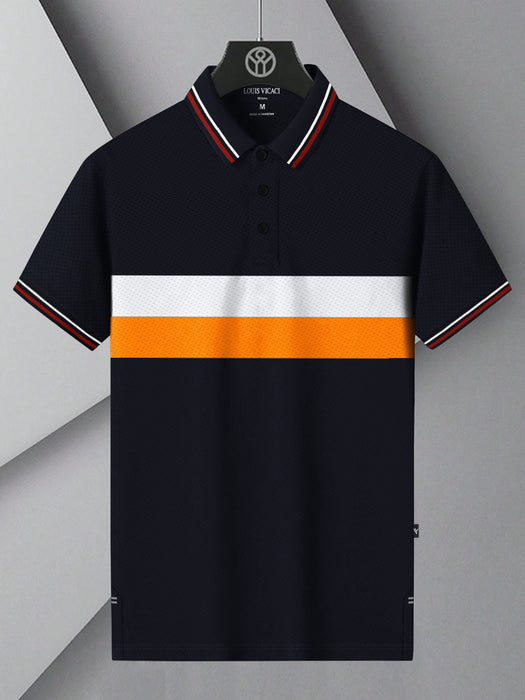 LV Summer Active Wear Polo Shirt For Men-Navy with White & Orange Panels-BR13922