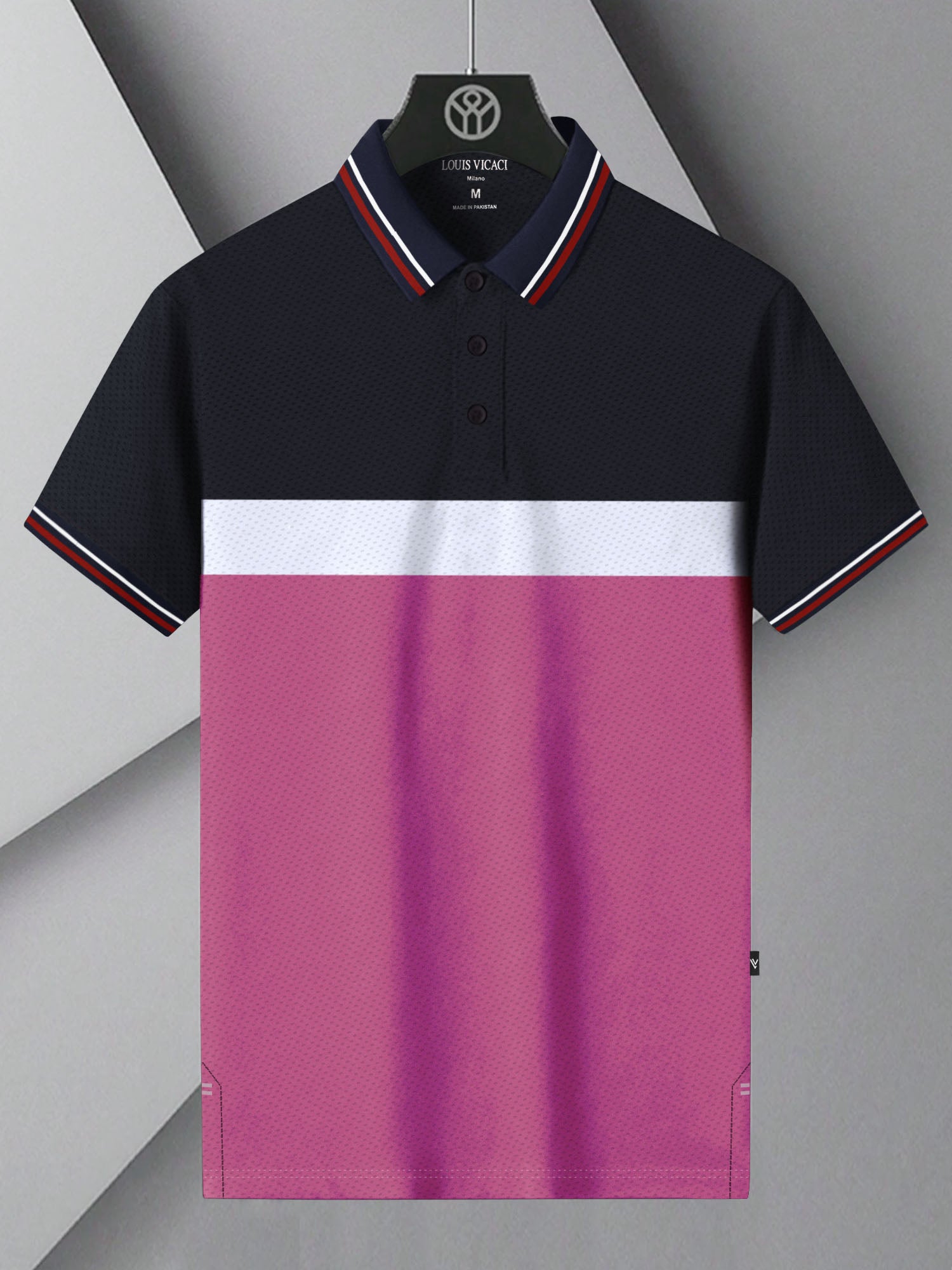 LV Summer Dry Fit Polo Shirt For Men-Navy with White & Pink Panels-BR13917
