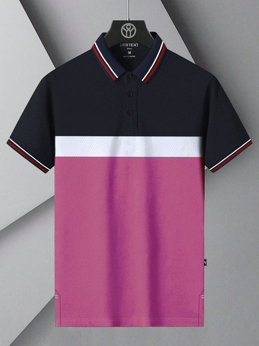 LV Summer Active Wear Polo Shirt For Men-Navy with White & Pink Panels-BR13917