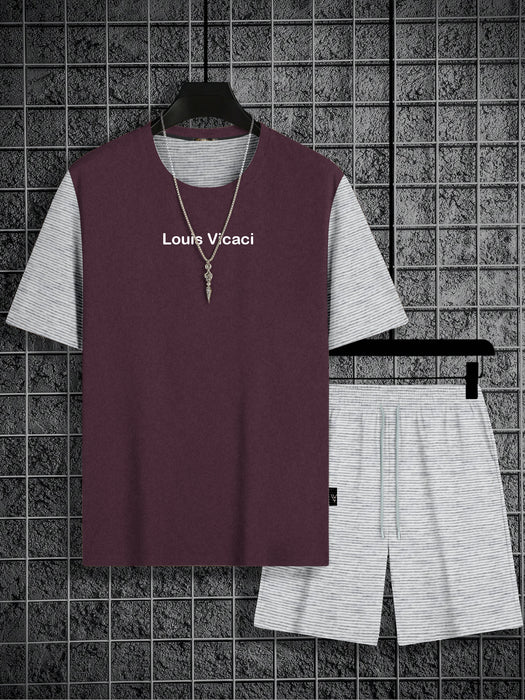 LV Summer Fashion T-Shirt & Lounge Short Suit For Men-Maroon Melange with Grey Lining-BR13804