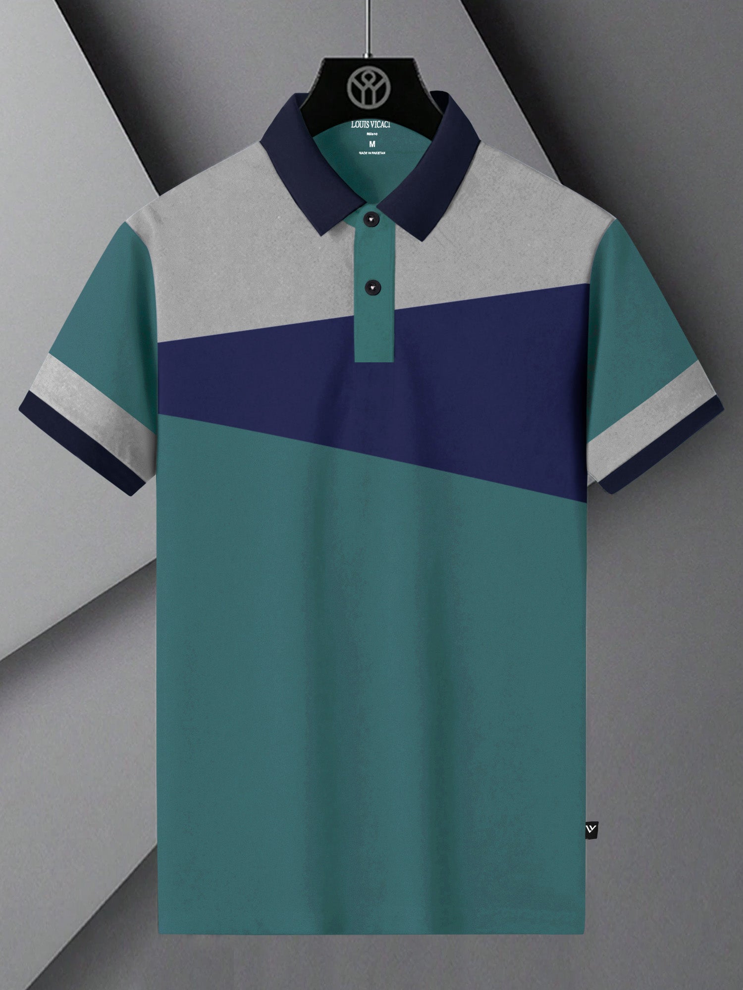Summer Polo Shirt For Men-Cyan Green with Blue & Grey Panel-BR13073