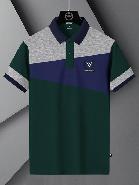 LV Summer Polo Shirt For Men-Dark Green with Blue & Grey Melange Panel-BR13072