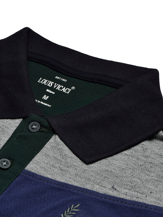 LV Summer Polo Shirt For Men-Dark Green with Blue & Grey Melange Panel-BR13072