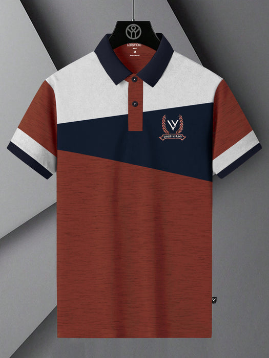 LV Summer Polo Shirt For Men-Dark Orange Melange with Navy & White Panel-BR13074