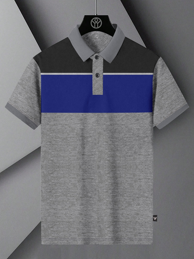 Summer Polo Shirt For Men-Grey Melange with Charcoal & Blue Panel-BR13060