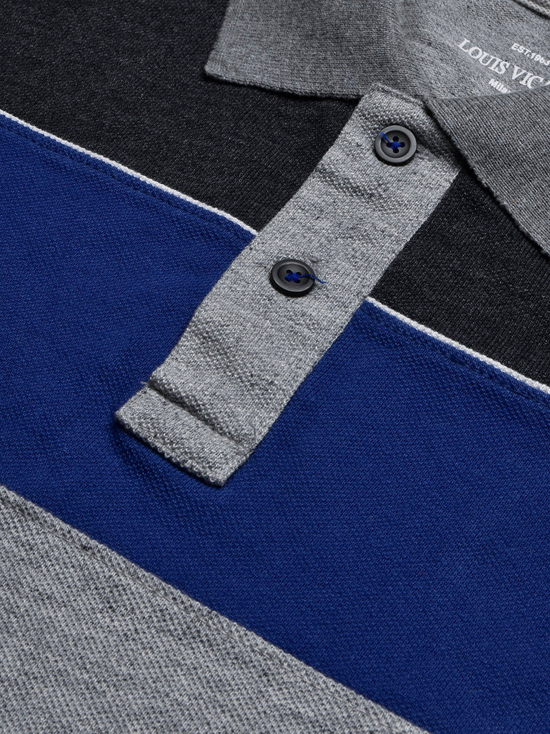 Summer Polo Shirt For Men-Grey Melange with Charcoal & Blue Panel-BR13060