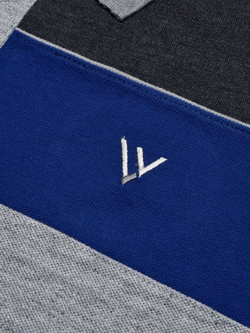 Summer Polo Shirt For Men-Grey Melange with Charcoal & Blue Panel-BR13060