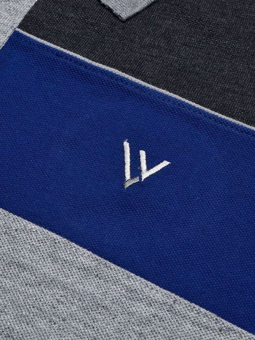 LV Summer Polo Shirt For Men-Grey Melange with Charcoal & Blue Panel-BR13060
