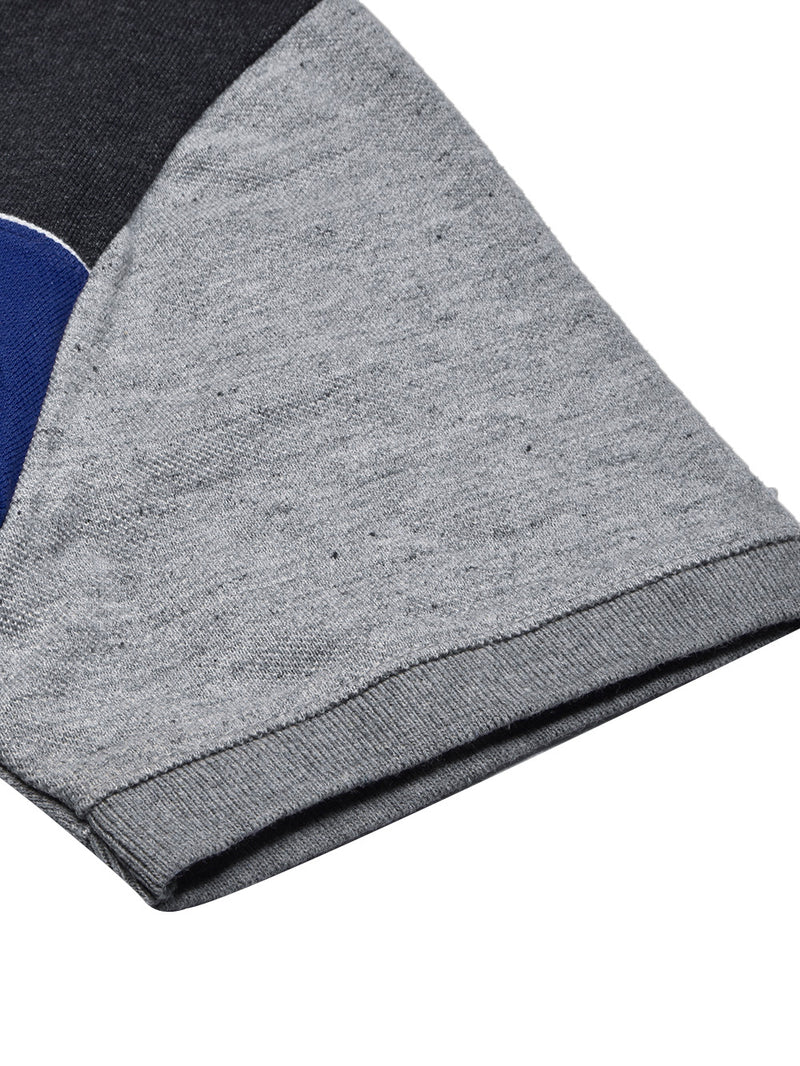 Summer Polo Shirt For Men-Grey Melange with Charcoal & Blue Panel-BR13060