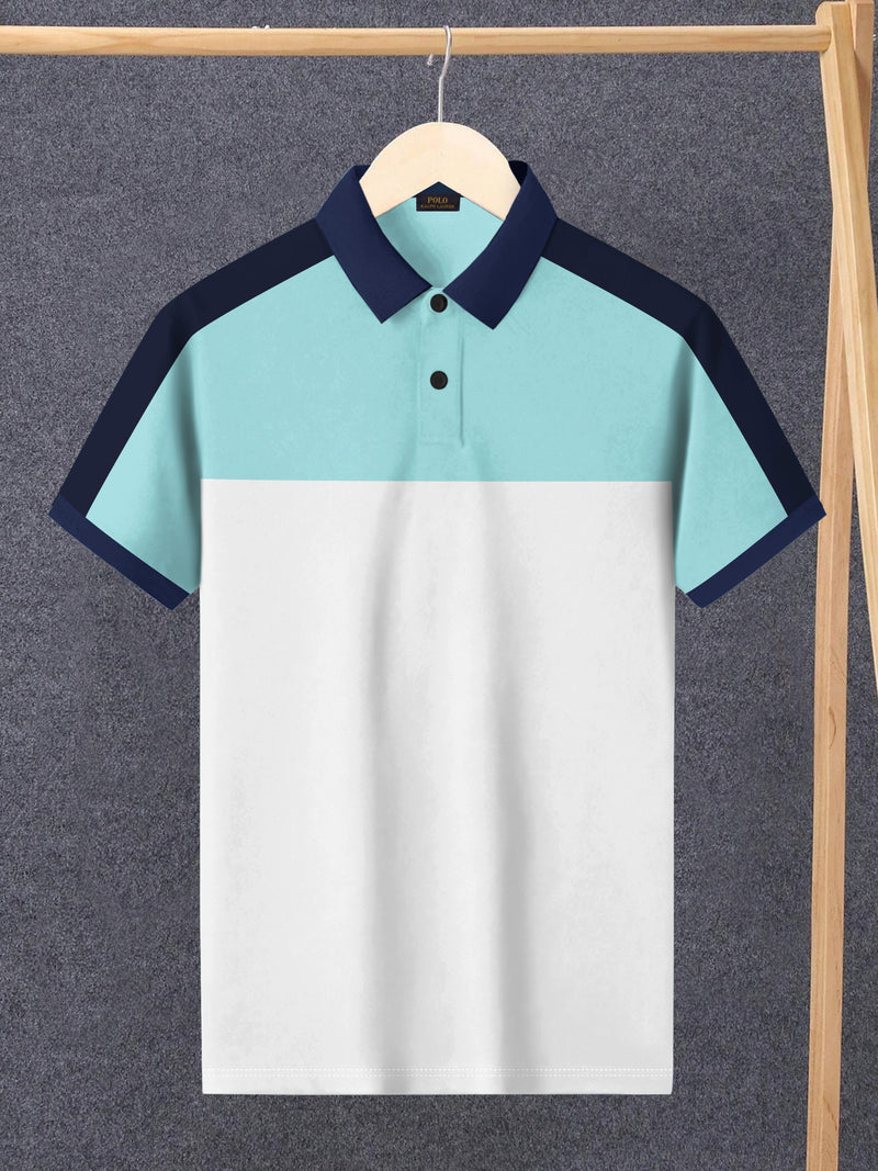 Summer Polo Shirt For Men-Light Cyan Green & White-BR13018