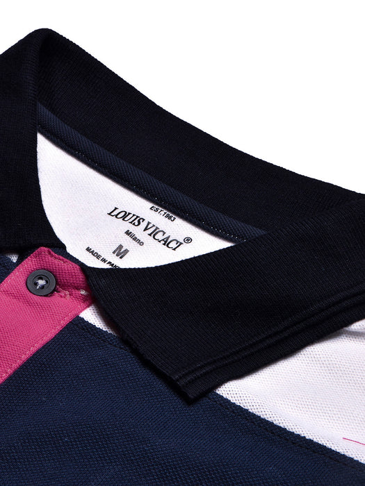 LV Summer Polo Shirt For Men-Magenta with Navy & White Panel-BR13112
