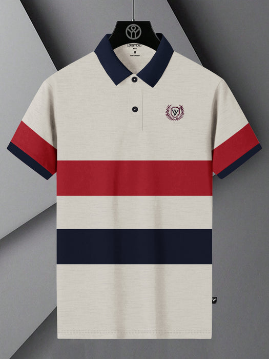 LV Summer Polo Shirt For Men-Off White Melange with Navy & Red Panel-BR13109