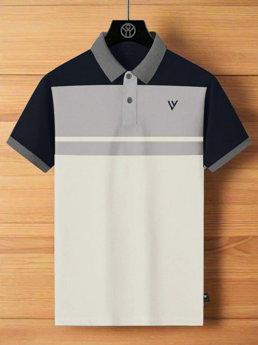 LV Summer Polo Shirt For Men-Off White with Grey & Navy-BR13130
