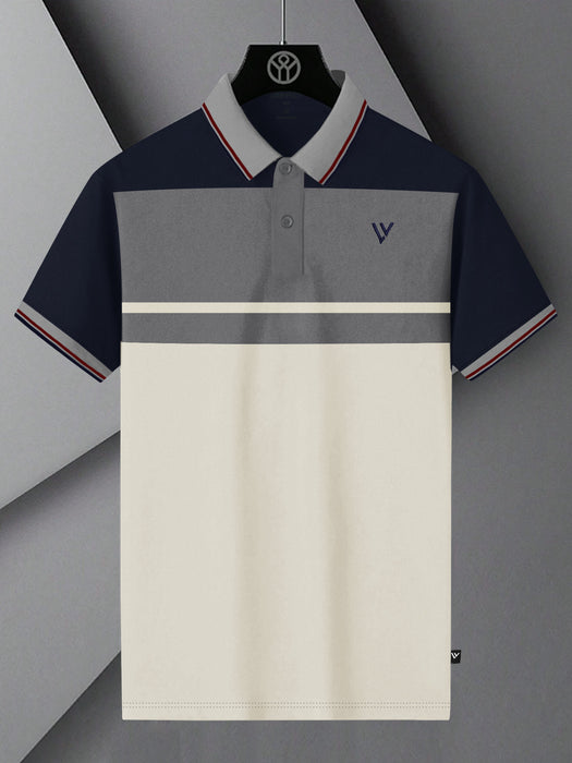 LV Summer Polo Shirt For Men-Off White with Grey & Navy Panel-BR13115
