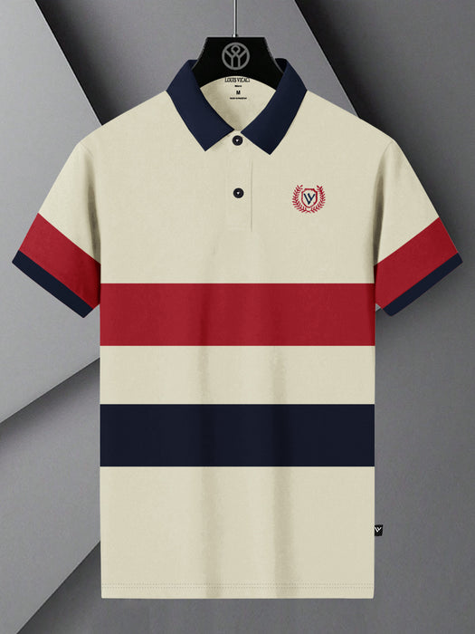 LV Summer Polo Shirt For Men-Off White with Navy & Red Panel-BR13110