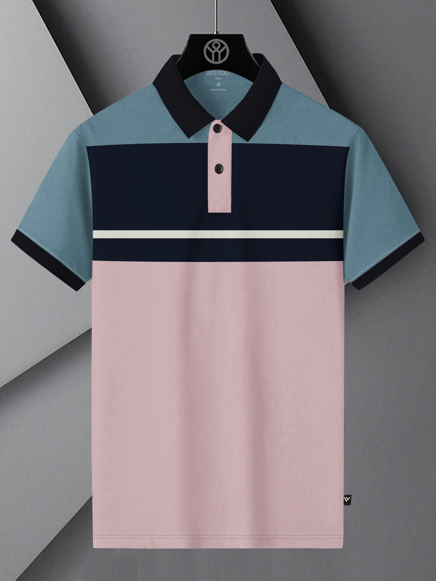 Summer Polo Shirt For Men-Pink with Navy & Bond Blue Panel-BR13117