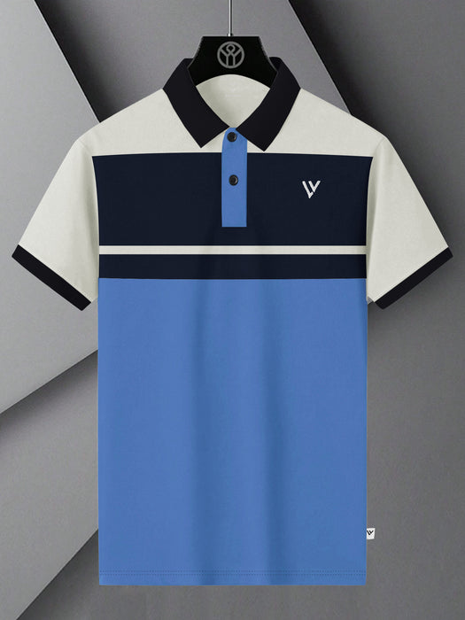 LV Summer Polo Shirt For Men-Sky with Off White & Navy Panel-BR13116