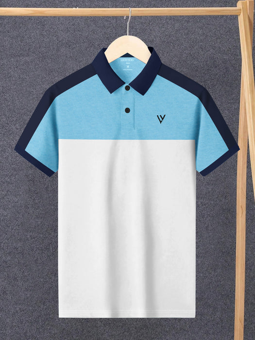 LV Summer Polo Shirt For Men-White with Sky & Navy Panel-BR13075