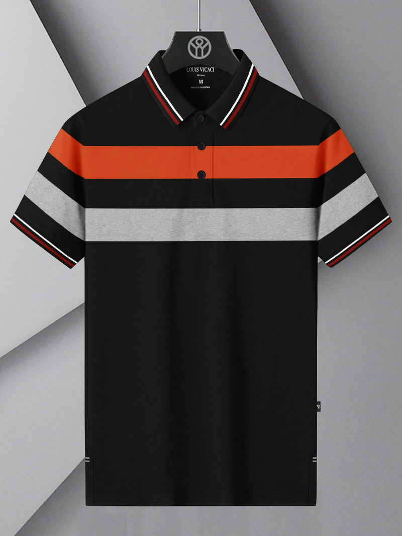 Summer Single Jersey Polo Shirt For Men-Black with Grey & Orange Panels-BR13931