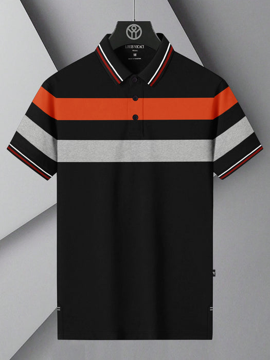 LV Summer Single Jersey Polo Shirt For Men-Black with Grey & Orange Panels-BR13931