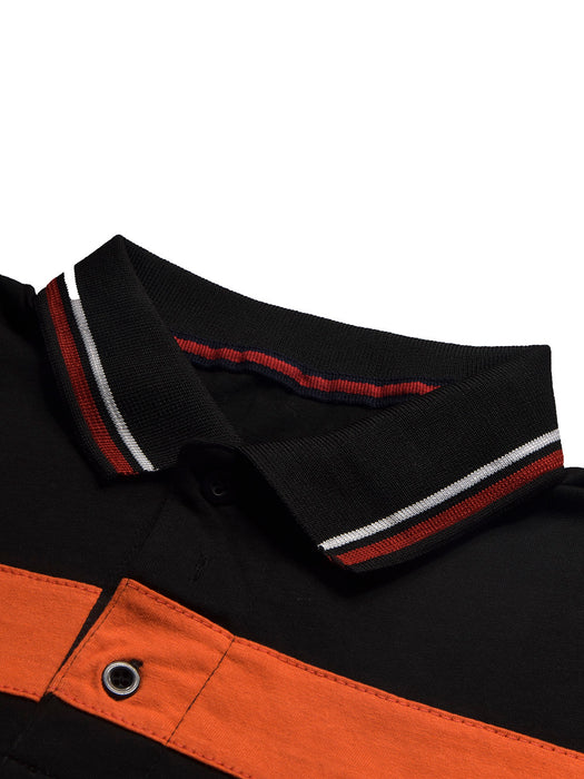 LV Summer Single Jersey Polo Shirt For Men-Black with Grey & Orange Panels-BR13931