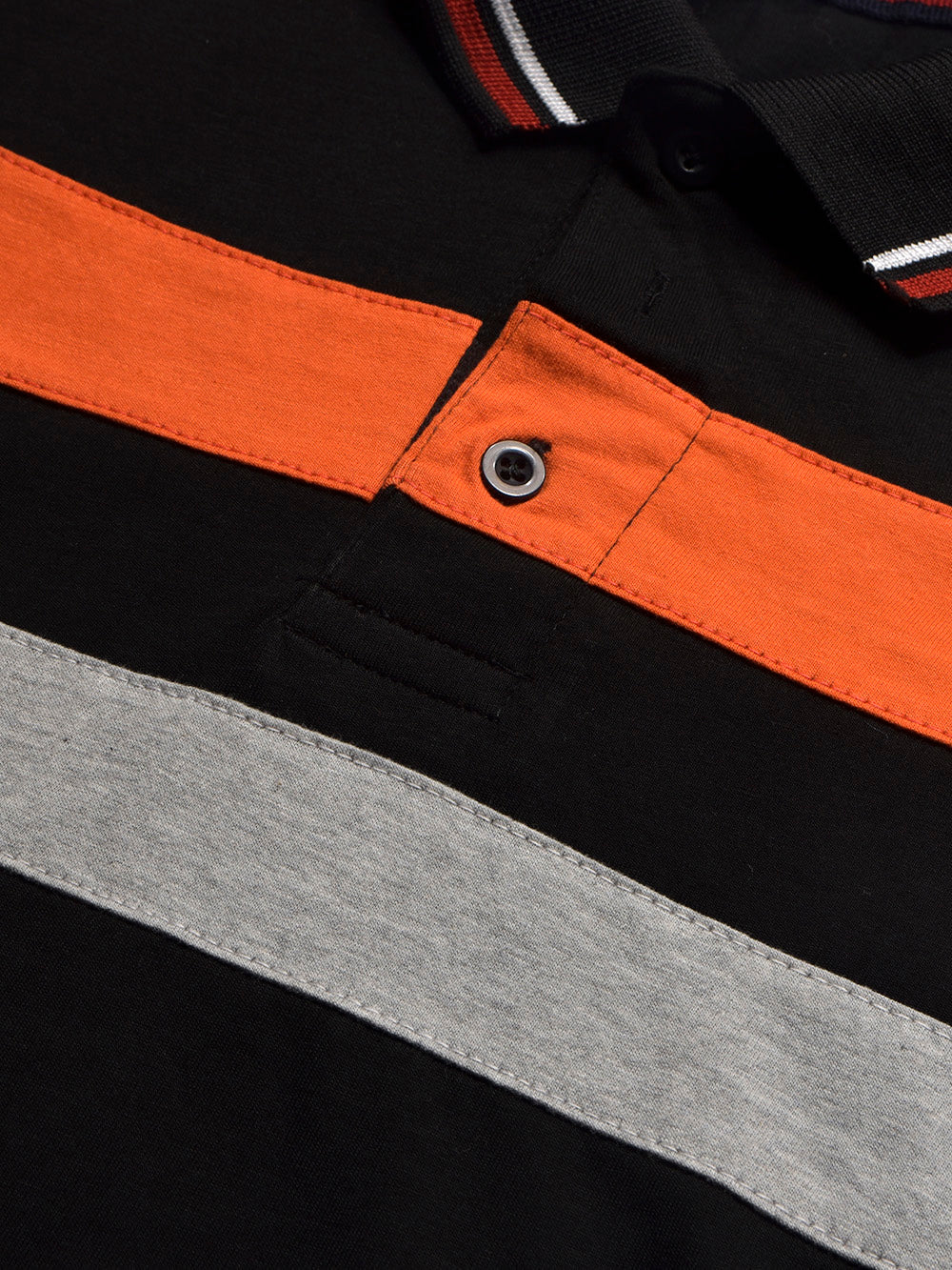 Summer Single Jersey Polo Shirt For Men-Black with Grey & Orange Panels-BR13931