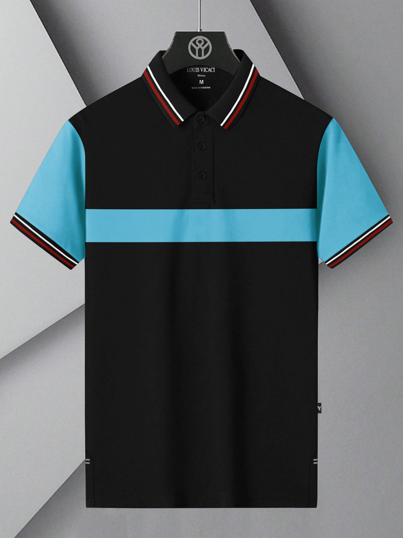 Summer Single Jersey Polo Shirt For Men-Black with Sky Panels-BR13938