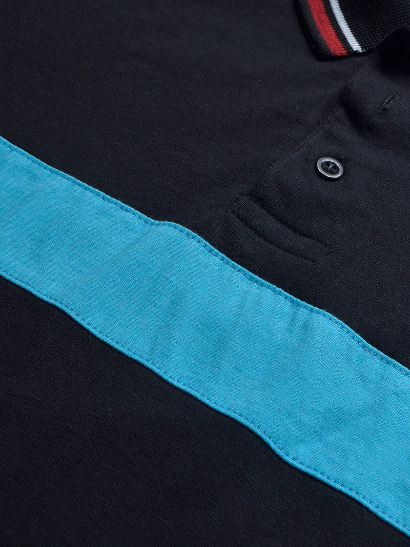 Summer Single Jersey Polo Shirt For Men-Black with Sky Panels-BR13938