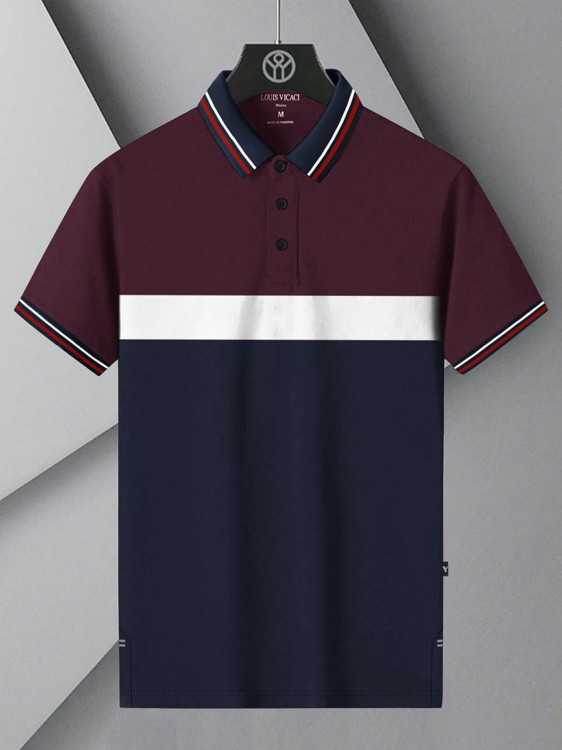 Summer Single Jersey Polo Shirt For Men-Maroon with White & Navy Panels-BR14011
