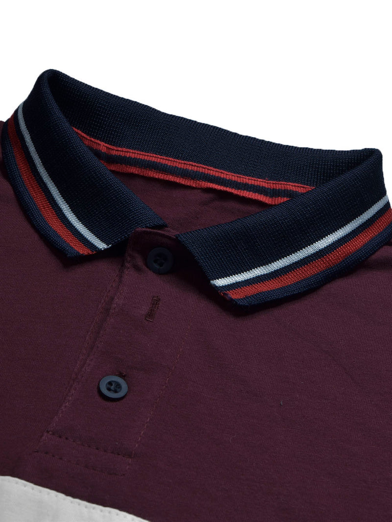 Summer Single Jersey Polo Shirt For Men-Maroon with White & Navy Panels-BR14011