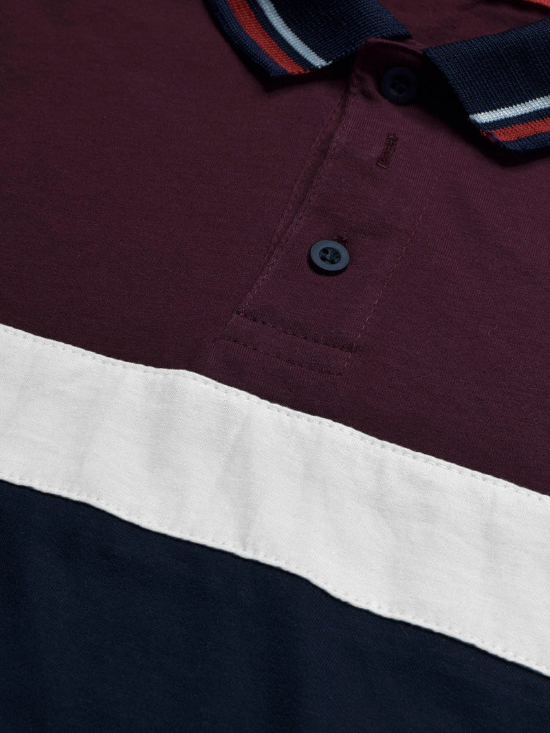 Summer Single Jersey Polo Shirt For Men-Maroon with White & Navy Panels-BR14011