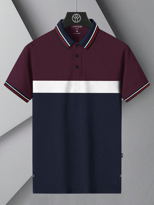 LV Summer Single Jersey Polo Shirt For Men-Maroon with White & Navy Panels-BR14011