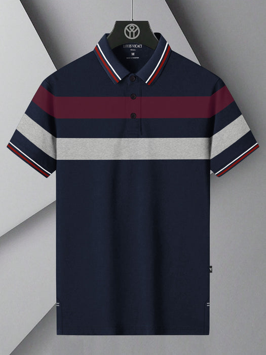 LV Summer Single Jersey Polo Shirt For Men-Navy with Grey & Maroon Panels-BR13959